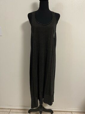 Eileen Fisher Dress Women Size Medium Black Olive Stripe Linen Midi Dress